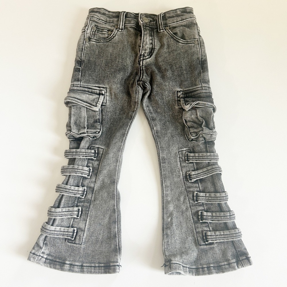 Valabasas Play Kids Acid Wash Stacked Cargo Strap Streetwear Flare Jeans Size 4T